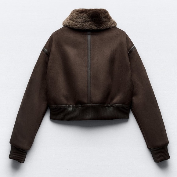 Zara double faced jacket aviator bomber coat faux fur suede brown XS 6318/239 - Picture 5 of 16